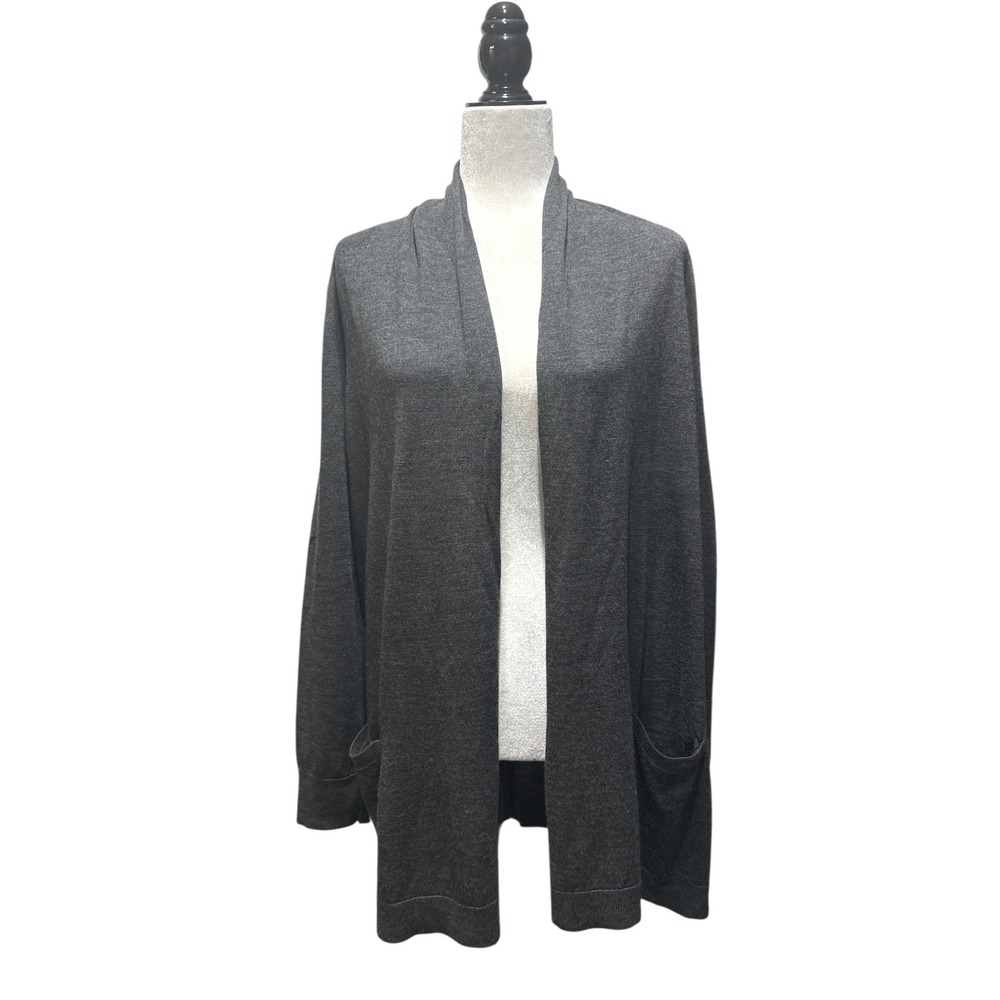Talbots Pure Merino Wool Duster Cardigan Grey Open Front Pockets Large